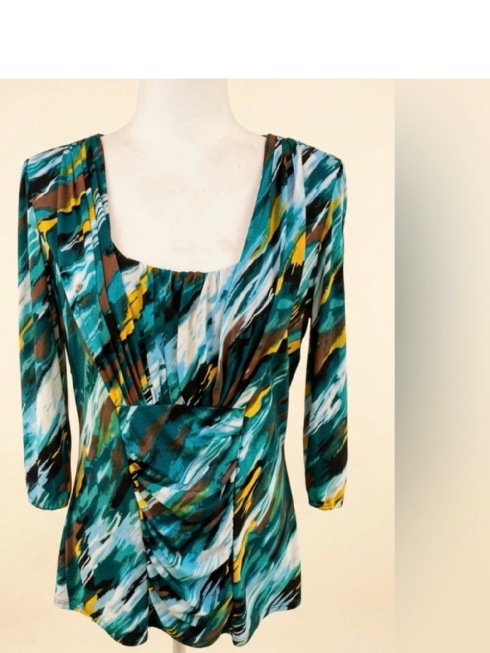 Vintage Painterly Abstract Art Print Top Teal | Ruched Draped “Statement-Staple”